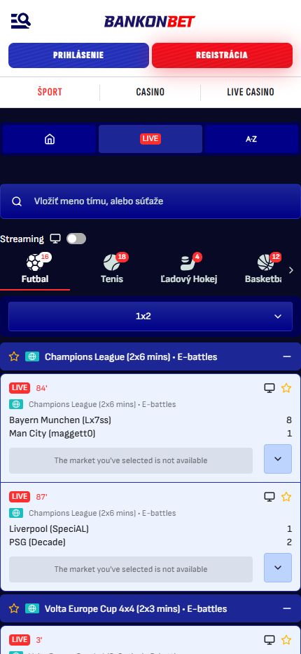 Bankonbet Live Sport Betting Slovakia (mobile screen), stavkovekancelarie.pro
