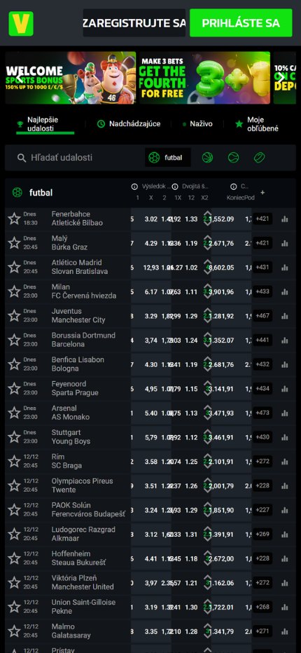 Velobet Bookie Sport Betting Czech (mobile screen), stavkovekancelarie.pro