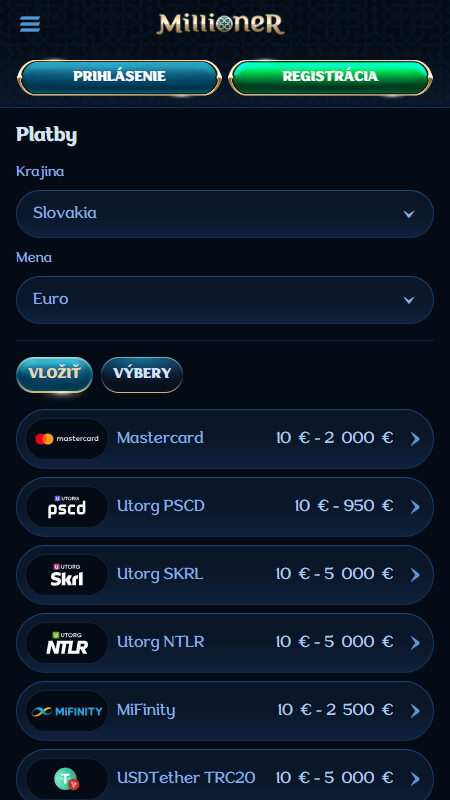 Millioner payment options Slovakia