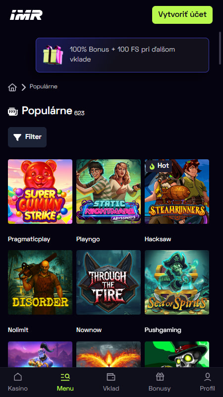 Softvér a ponuka hazardných hier v Immerion Casino